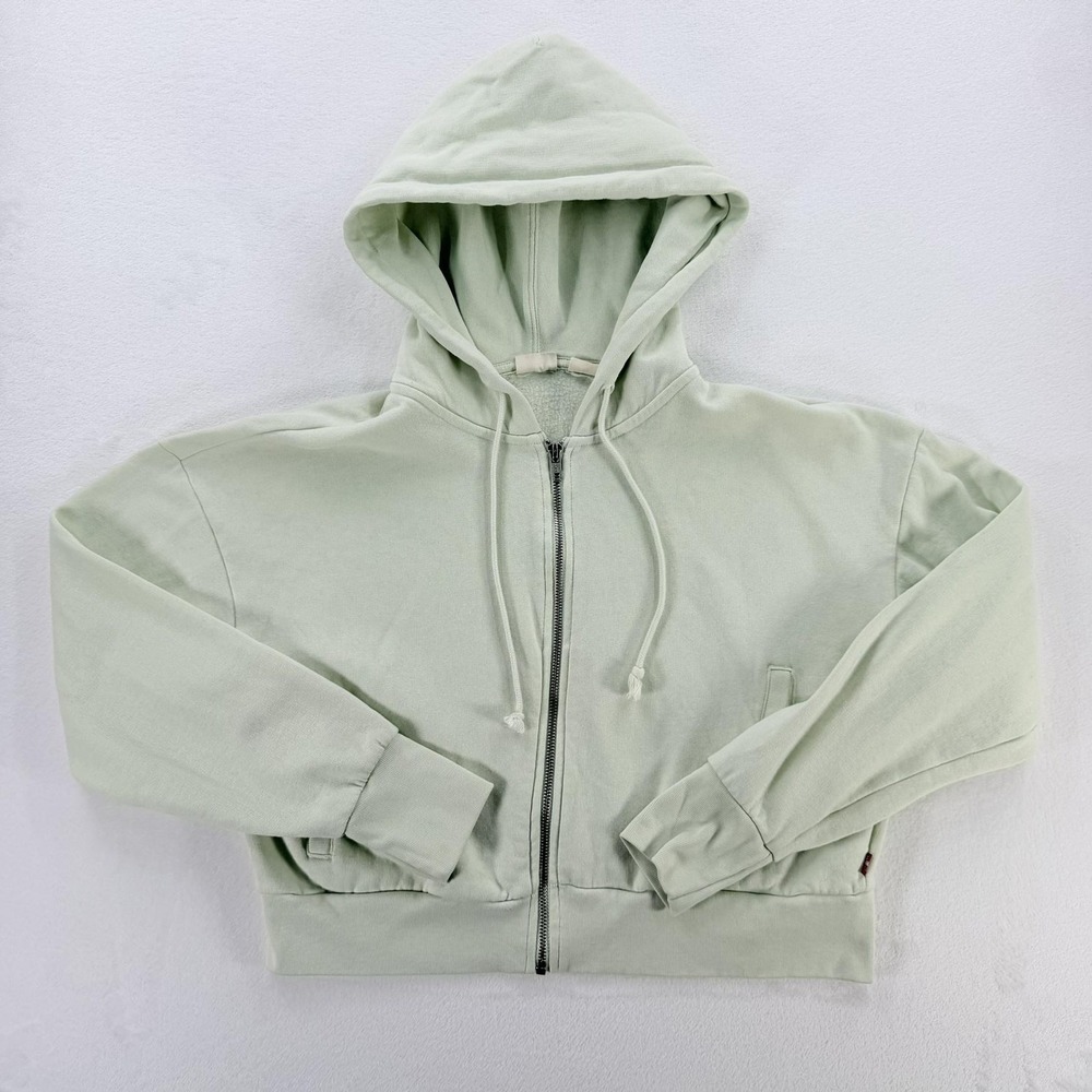 Levi's Hoodie Womens Medium Green Full Zip Fleece Sweatshirt Red Tab Crop Jacket